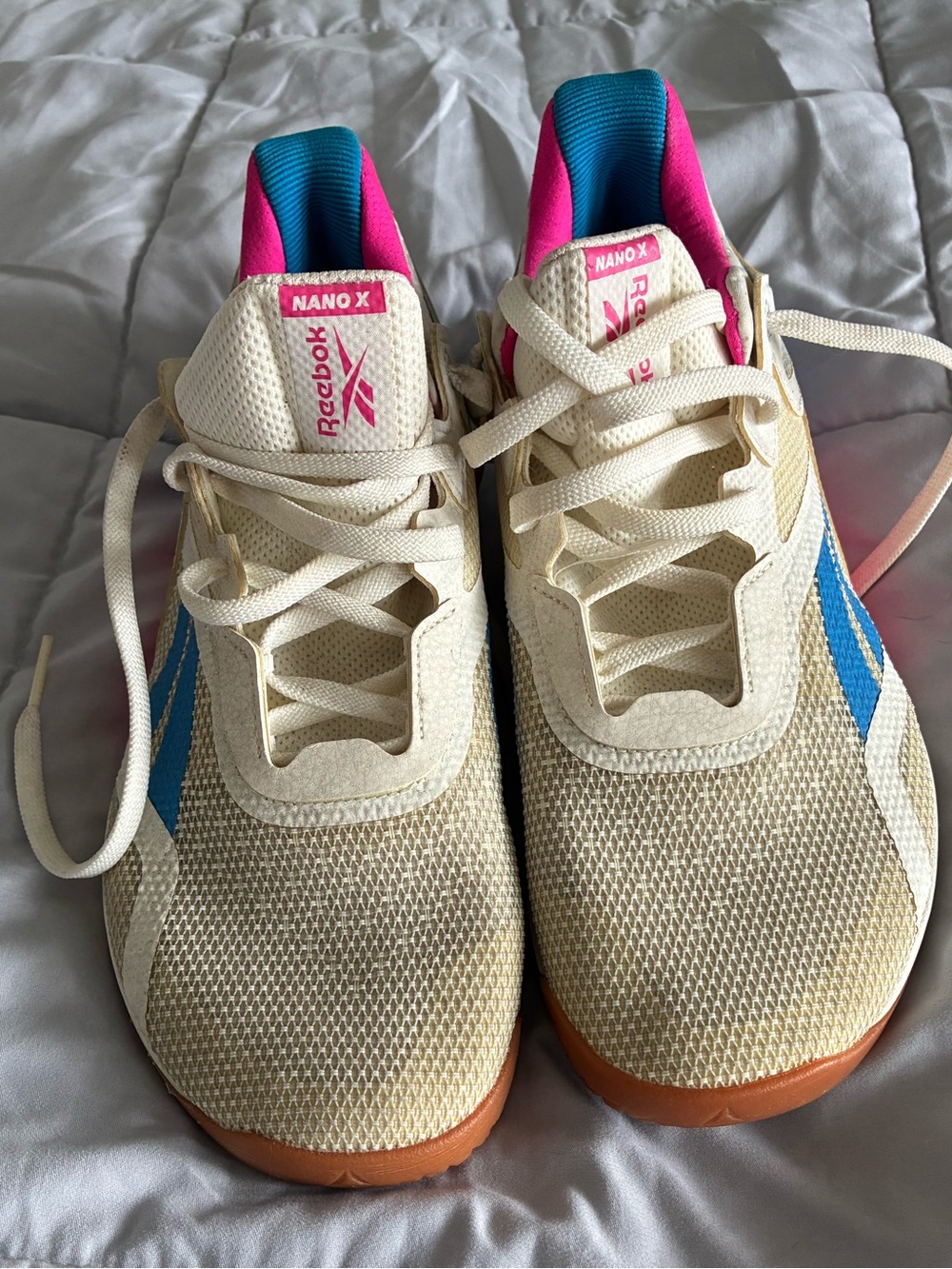 Reebok Nano X Cream Sneakers with Blue Stripe & Pink Accents